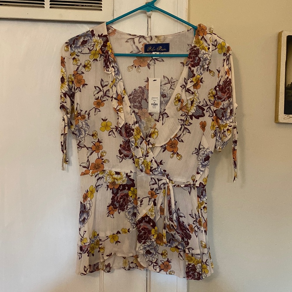 Blue Rain Floral Faux Wrap Top